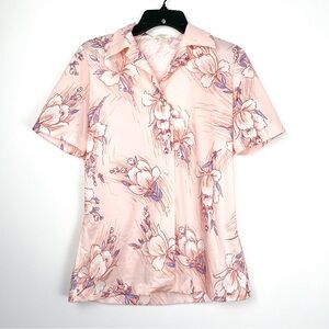 Pink floral polyester top by Shirt Accent, short sleeve button-up size medium